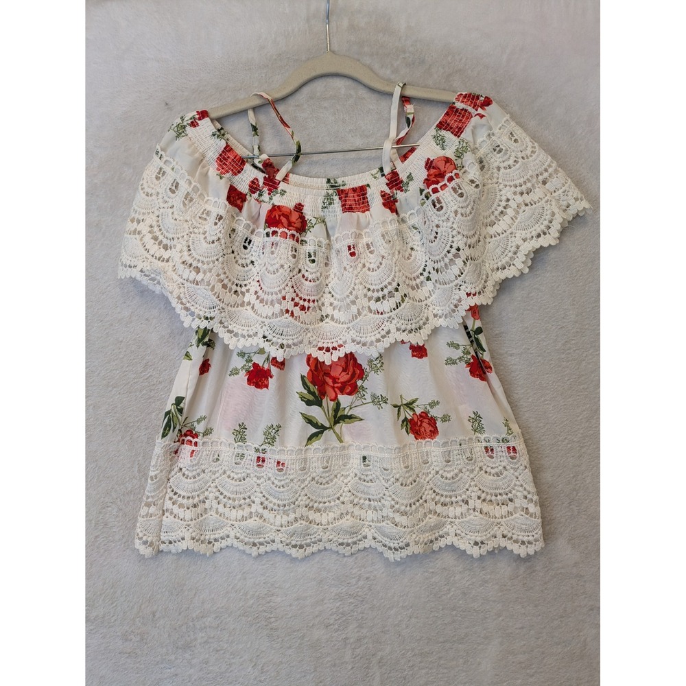 No Boundaries Top Women's‎ Medium White Red Floral Lace Off-The-Shoulder Strappy